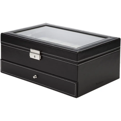 Black Leather Watch Box Jewelry Display Case with Drawers (12 Slots 2 Layers) | Black Leather Watch Display Case