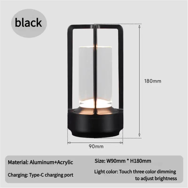 Black Rechargeable Table Lamp - Touch Dimming 3-color Led Light for Bedroom and Office