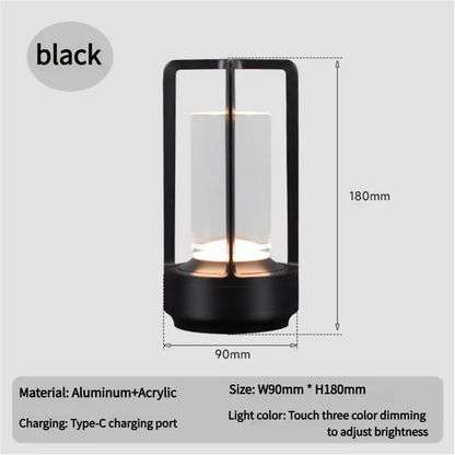 Black Rechargeable Table Lamp - Touch Dimming 3-color Led Light for Bedroom and Office