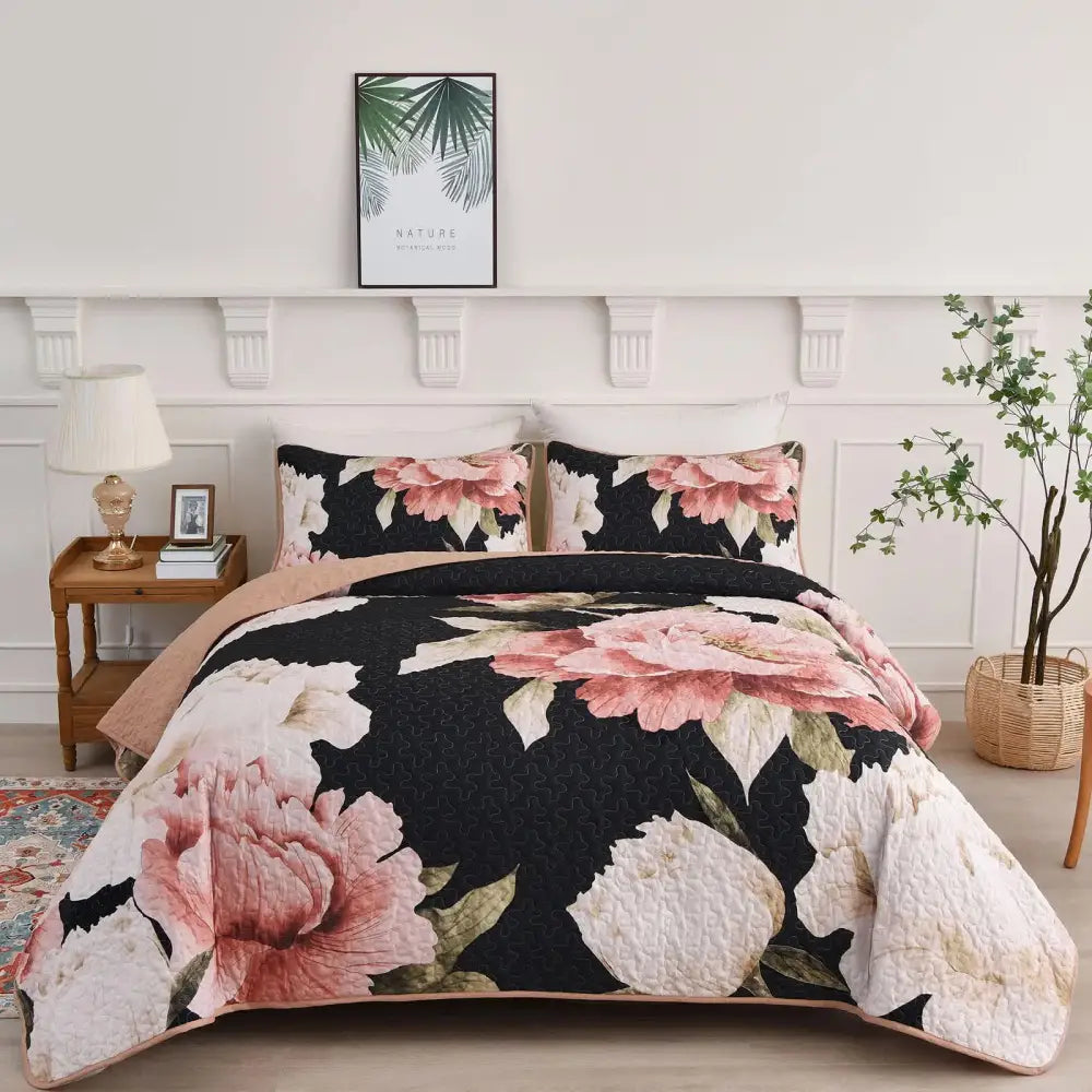 Blossom Trio Quilted Coverlet Set with Pillowcases (black Red & Pink
