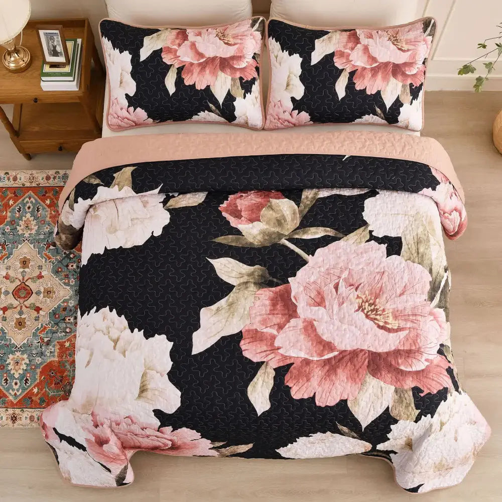 Blossom Trio Quilted Coverlet Set with Pillowcases (black Red & Pink