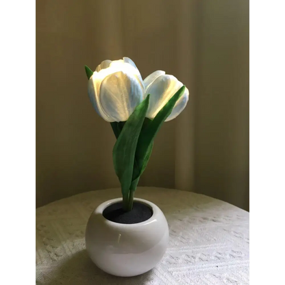 Blue Flowers Usb Tulip Night Light - Bedroom Decor Table Lamp with Pu & Ceramic Pot