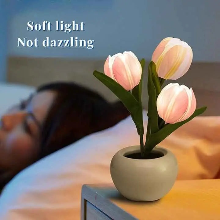 Blue Flowers Usb Tulip Night Light - Bedroom Decor Table Lamp with Pu & Ceramic Pot
