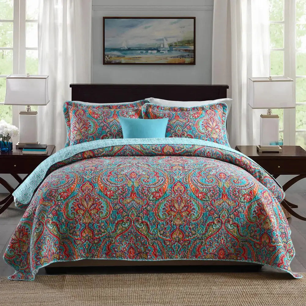 Blue Teal Boho Print Bedspread Quilt Set + Pillowcases King