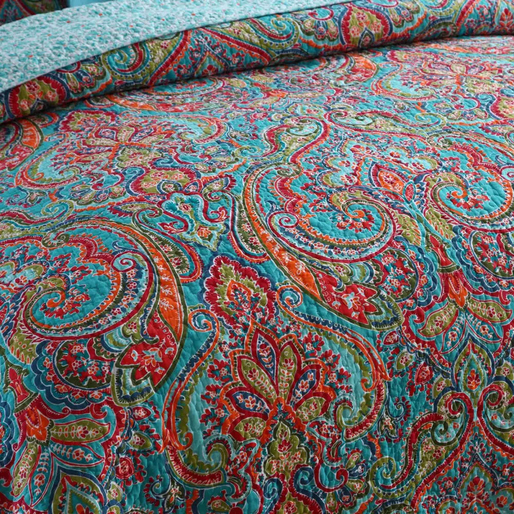 Blue Teal Boho Print Bedspread Quilt Set + Pillowcases King