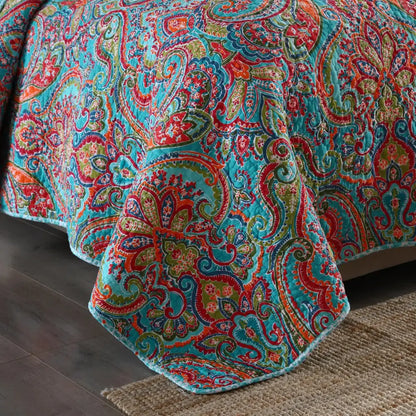 Blue Teal Boho Print Bedspread Quilt Set + Pillowcases King