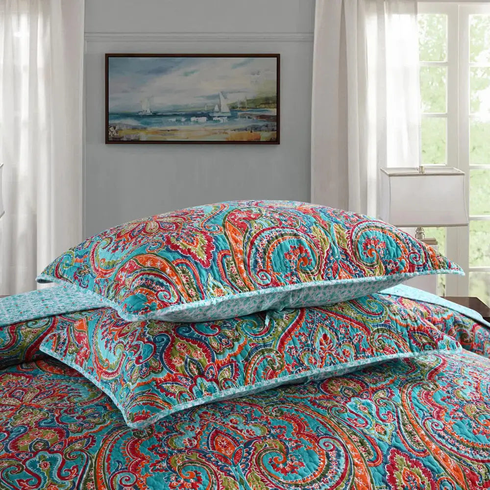 Blue Teal Boho Print Bedspread Quilt Set + Pillowcases King