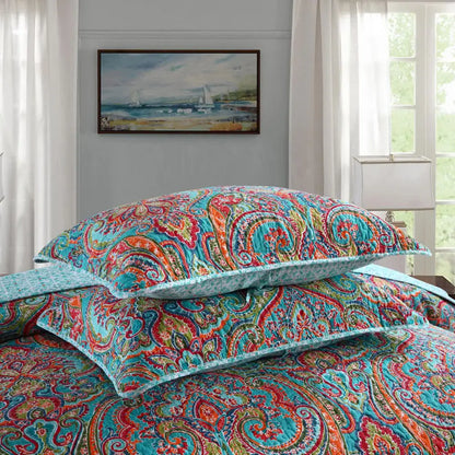 Blue Teal Boho Print Bedspread Quilt Set + Pillowcases Queen