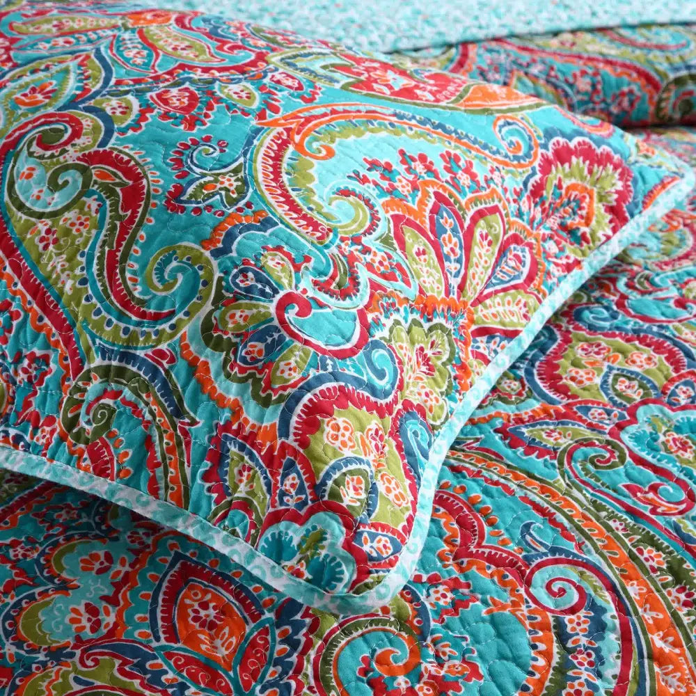 Blue Teal Boho Print Bedspread Quilt Set + Pillowcases Queen