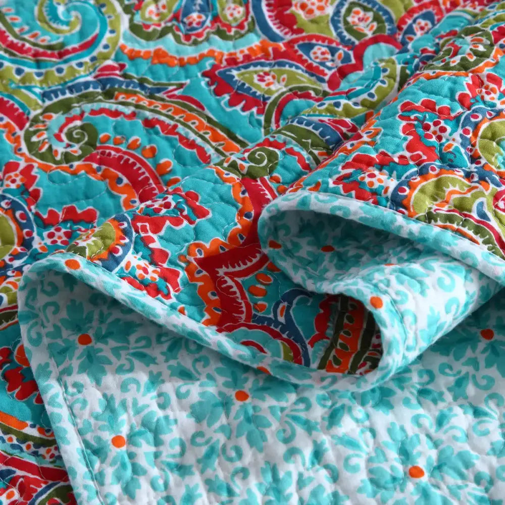 Blue Teal Boho Print Bedspread Quilt Set + Pillowcases Queen
