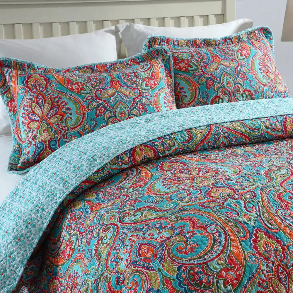Blue Teal Boho Print Bedspread Quilt Set + Pillowcases Queen