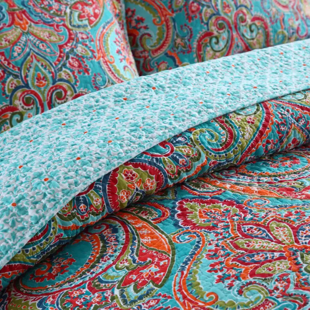 Blue Teal Boho Print Bedspread Quilt Set + Pillowcases Queen