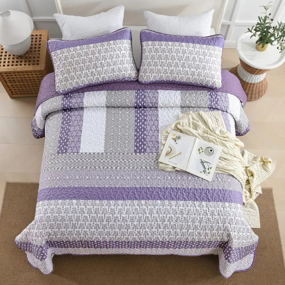 Bohemian Purple and White Quilted Bedspread or Coverlet Set Matching Pillowcases
