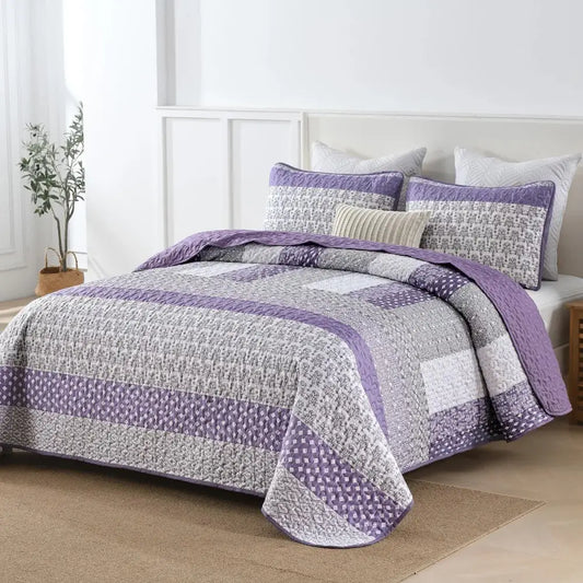Bohemian Purple and White Quilted Bedspread or Coverlet Set Matching Pillowcases