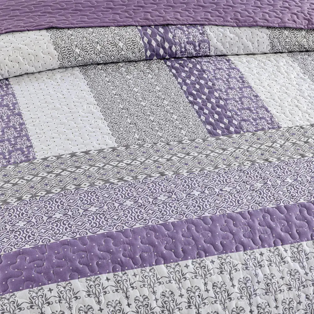 Bohemian Purple and White Quilted Bedspread or Coverlet Set Matching Pillowcases