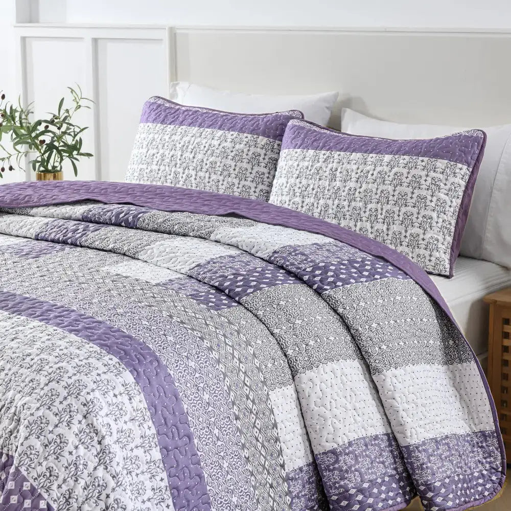 Bohemian Purple and White Quilted Bedspread or Coverlet Set Matching Pillowcases
