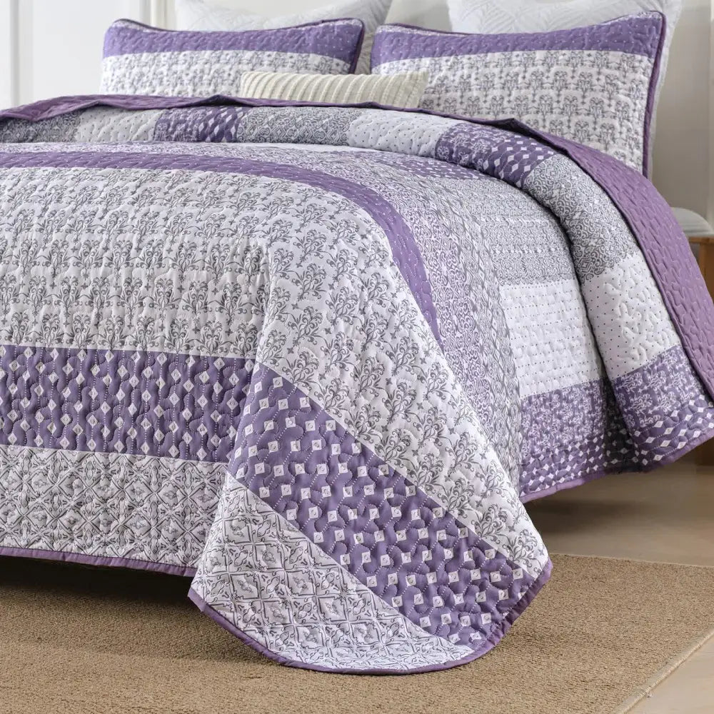 Bohemian Purple and White Quilted Bedspread or Coverlet Set Matching Pillowcases