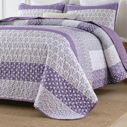 Bohemian Purple and White Quilted Bedspread or Coverlet Set Matching Pillowcases