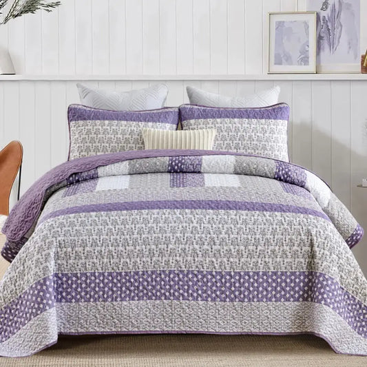 Bohemian Purple and White Quilted Bedspread or Coverlet Set Matching Pillowcases