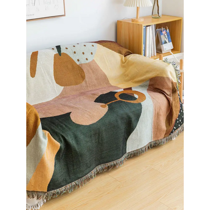 Boho Abstract Woven Blanket – 180x130cm Decorative Throw with Tassel Edges