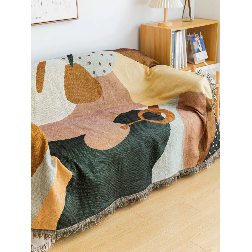 Boho Abstract Woven Blanket – 180x130cm Decorative Throw with Tassel Edges