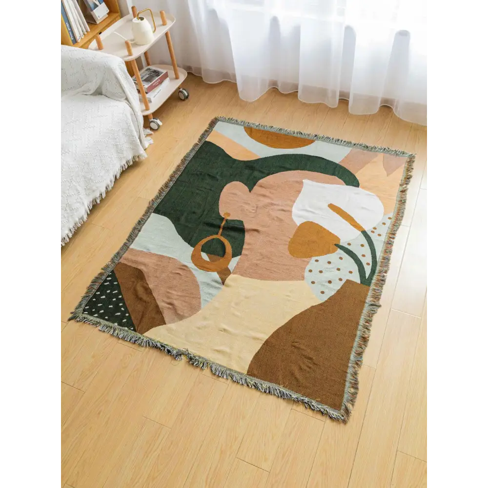 Boho Abstract Woven Blanket – 180x130cm Decorative Throw with Tassel Edges