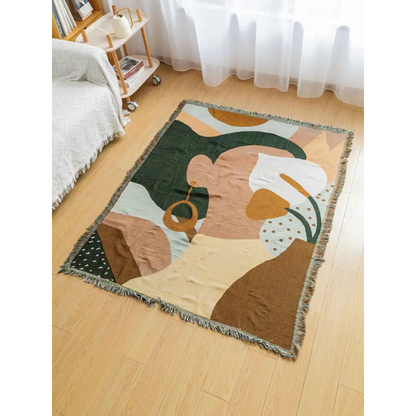 Boho Abstract Woven Blanket – 180x130cm Decorative Throw with Tassel Edges
