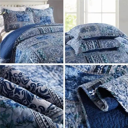 Boho Blue Quilted Coverlet & Pillow Set: Vibrant Cozy Elegance - King