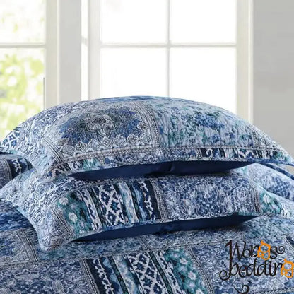 Boho Blue Quilted Coverlet & Pillow Set: Vibrant Cozy Elegance - King