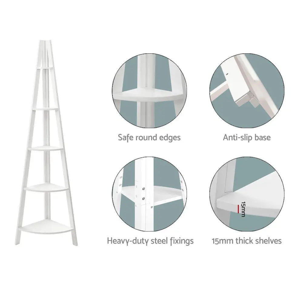 Bookshelf Corner Shelf 5 Tiers - Cane White