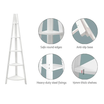 Bookshelf Corner Shelf 5 Tiers - Cane White