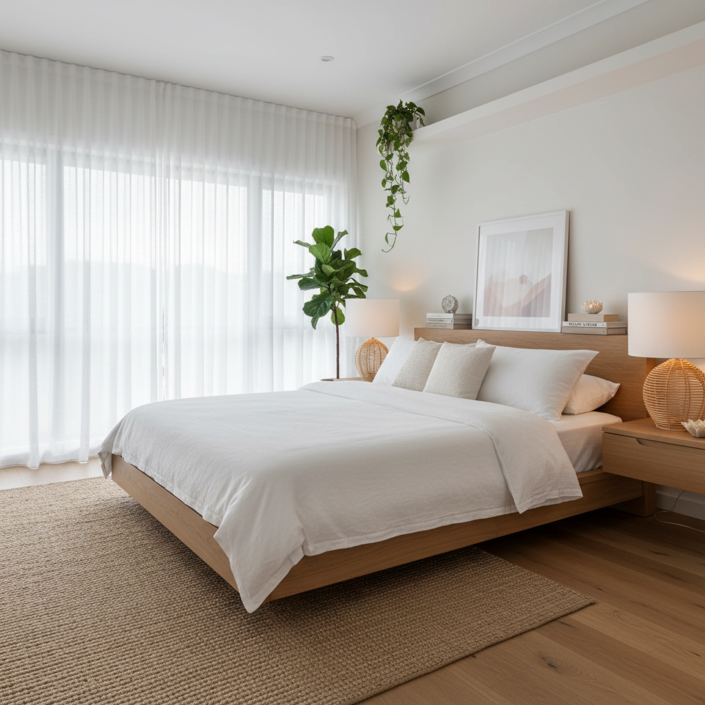 Modern bedroom with a wooden bed, white bedding, table lamps and decorative elements KK Lifestyle