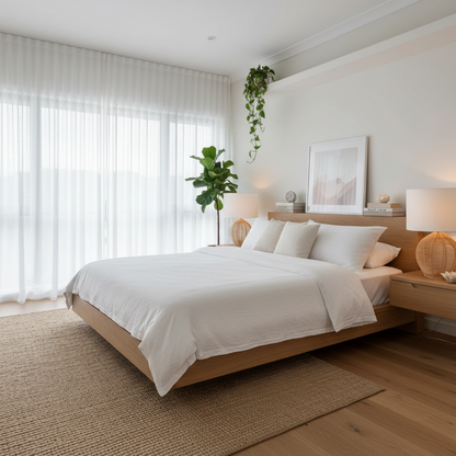 Modern bedroom with a wooden bed, white bedding, table lamps and decorative elements KK Lifestyle