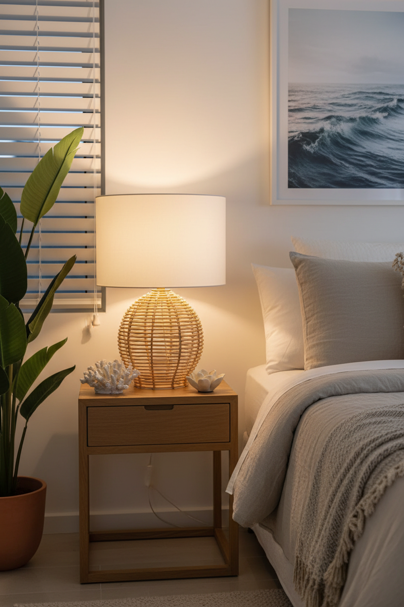 modern australian bedroom with wooden nightstand, lamp, and framed picture of ocean KK Lifestyle