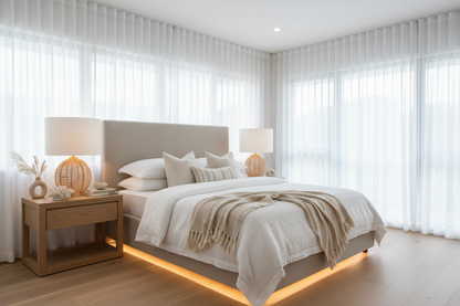 Modern bedroom with a bed, bedside tables and lamps in a well designed room KK Lifestyle
