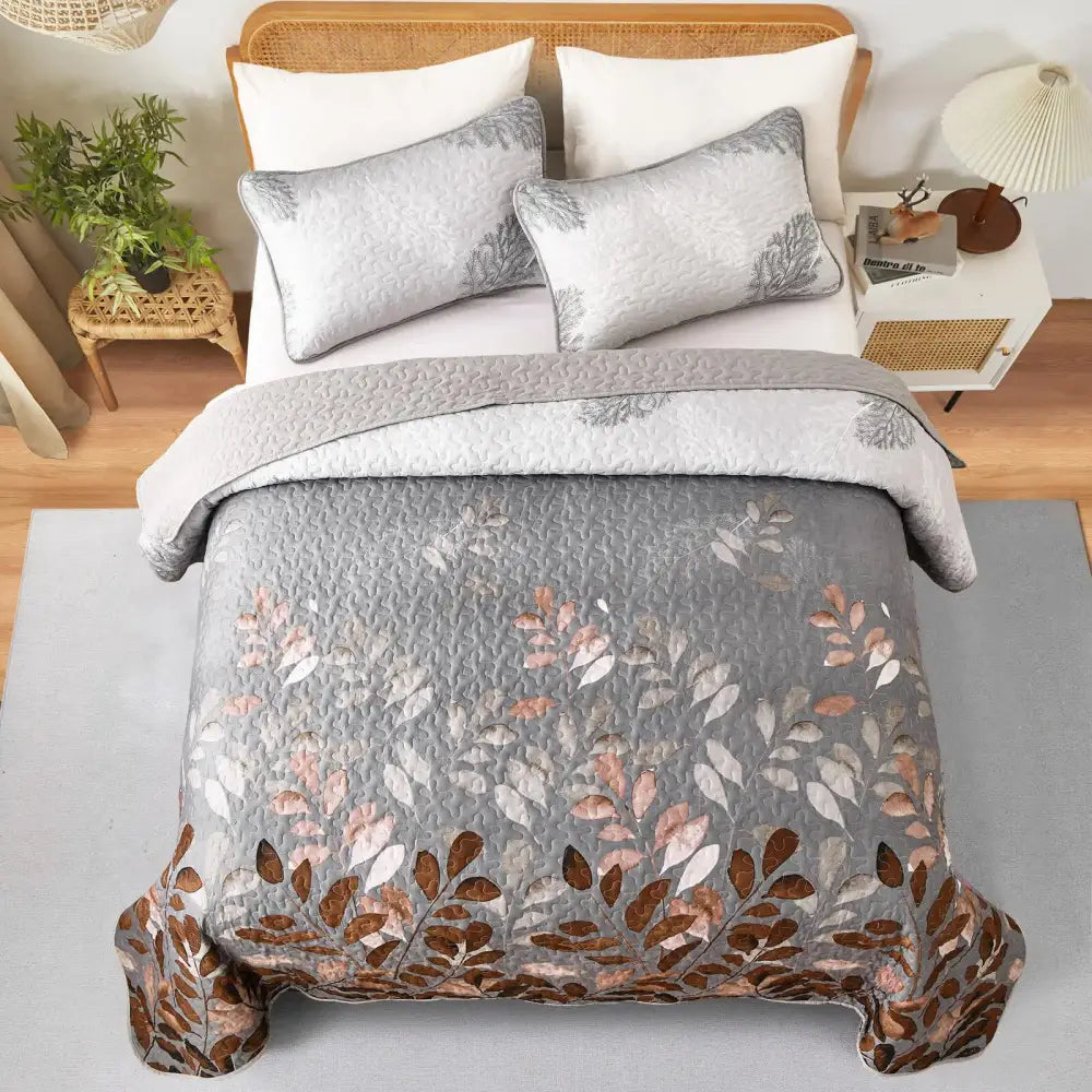 Brown Verdant Quilted Ensemble with Flower Motifs Bedspread and Pillowcases
