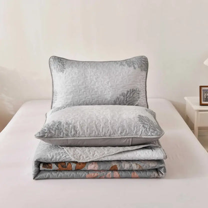 Brown Verdant Quilted Ensemble with Flower Motifs Bedspread and Pillowcases