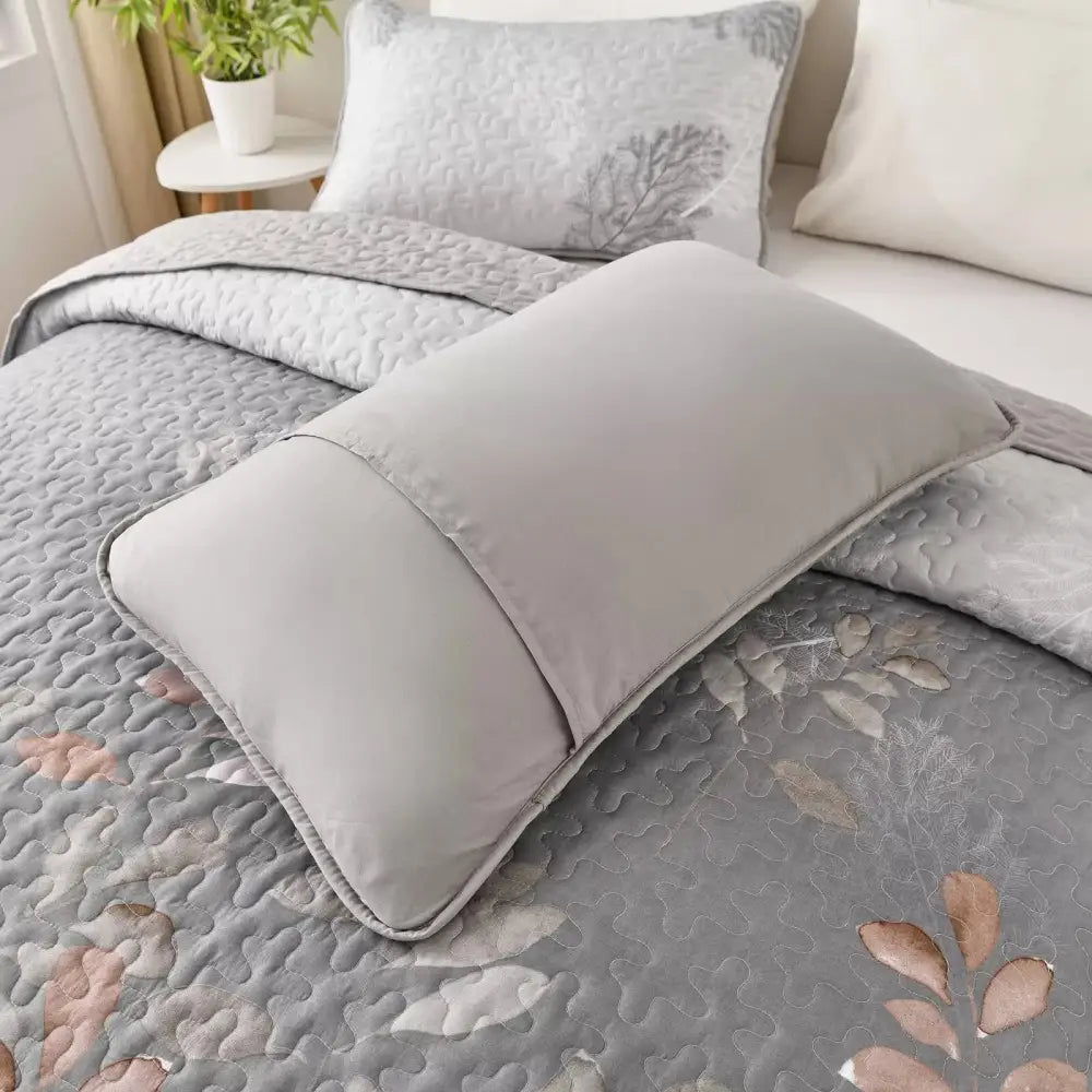 Brown Verdant Quilted Ensemble with Flower Motifs Bedspread and Pillowcases