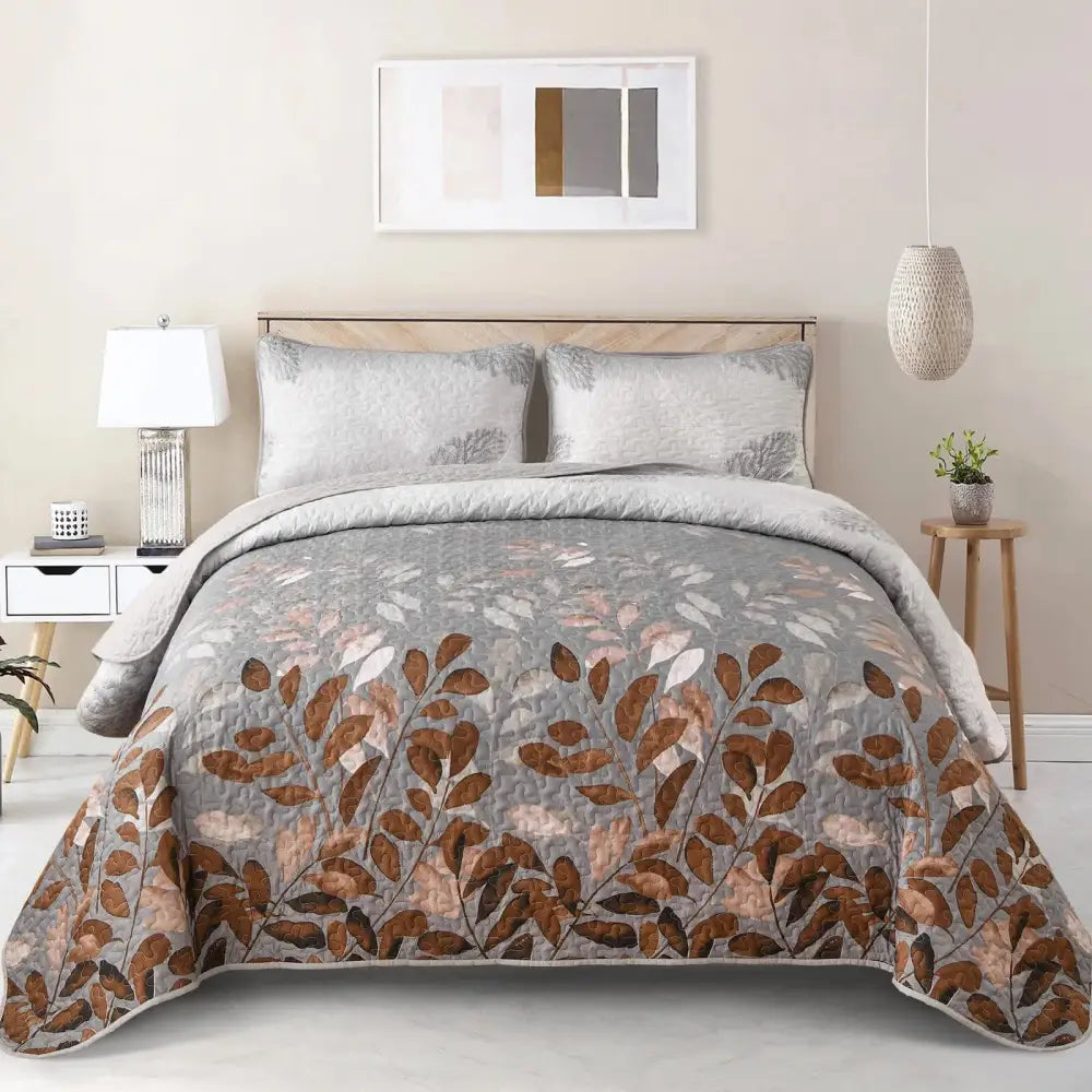 Brown Verdant Quilted Ensemble with Flower Motifs Bedspread and Pillowcases