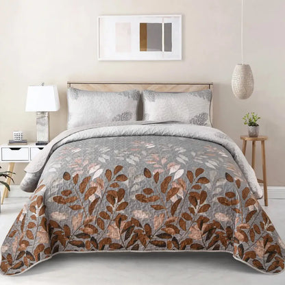 Brown Verdant Quilted Ensemble with Flower Motifs Bedspread and Pillowcases