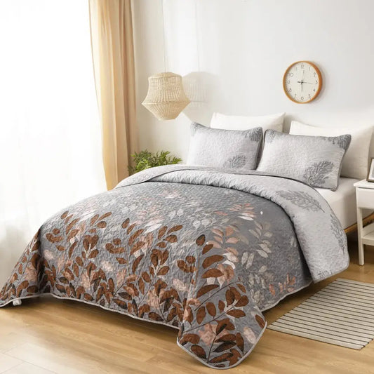 Brown Verdant Quilted Ensemble with Flower Motifs Bedspread and Pillowcases