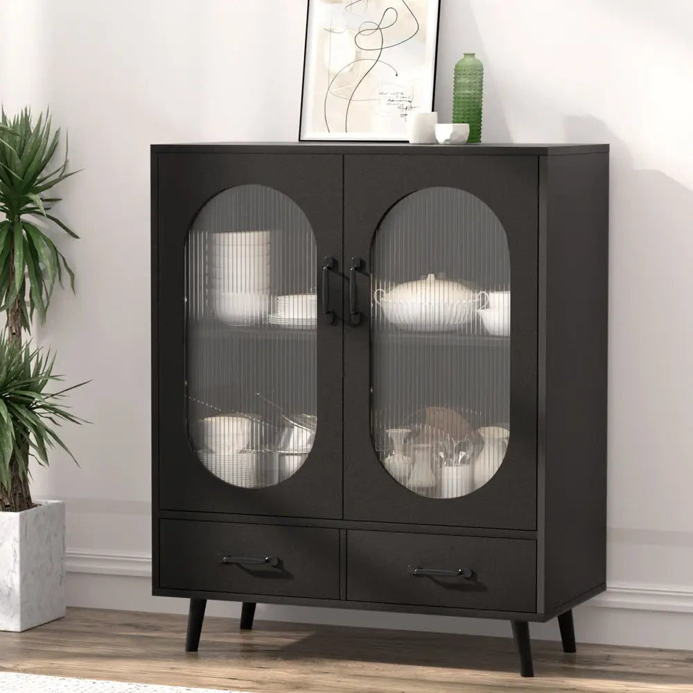 Black with natural wood legs buffet sideboard double doors - black 80cm x 40cm x 100cm - home storage cabinet Australia