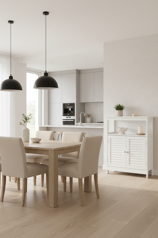 A modern dining room scene with a light wood rectangular table, six upholstered dining chairs in a warm cream tone, two black pendant lights overhead, and a white sideboard cabinet against a bright neutral wall.