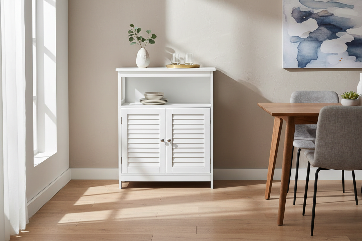 A white wooden sideboard cabinet with louvered double doors and an open upper shelf, styled in a bright dining room next to a wooden table and chairs.