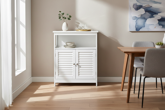 A white wooden sideboard cabinet with louvered double doors and an open upper shelf, styled in a bright dining room next to a wooden table and chairs.