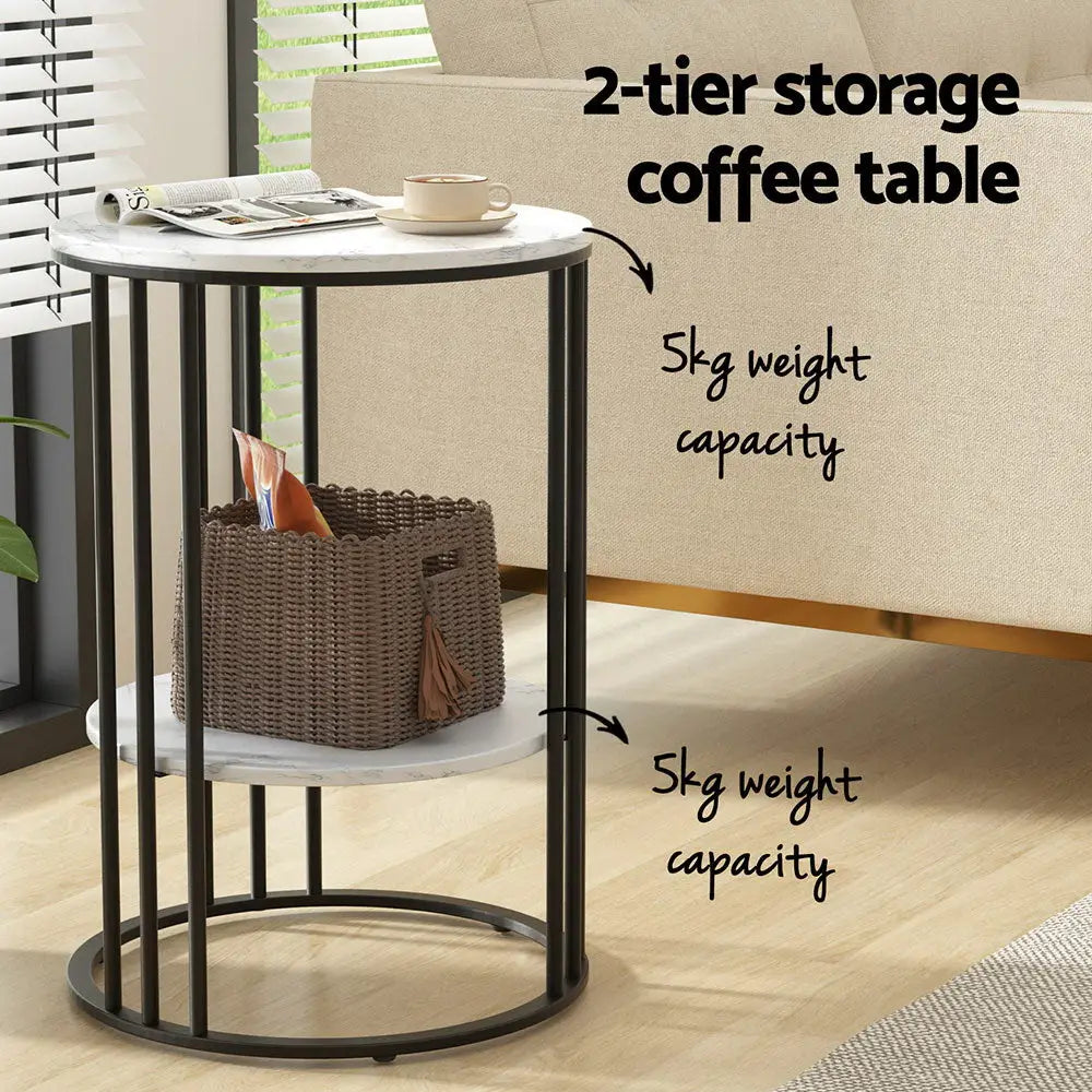 Coffee Table 2-tier Round Marble Effect