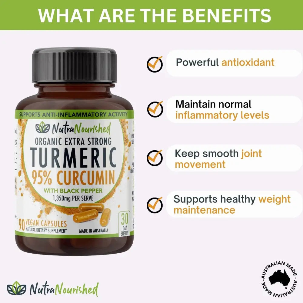 Curcumin Tablets - 95% Pure Organic Vegan - Turmeric Extract Buffered with Black Pepper (1,350mg) | Brown Glass Bottle