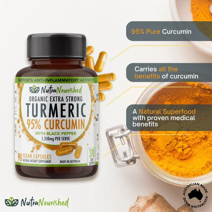 Curcumin Tablets - 95% Pure Organic Vegan - Turmeric Extract Buffered with Black Pepper (1,350mg) | Brown Bottle