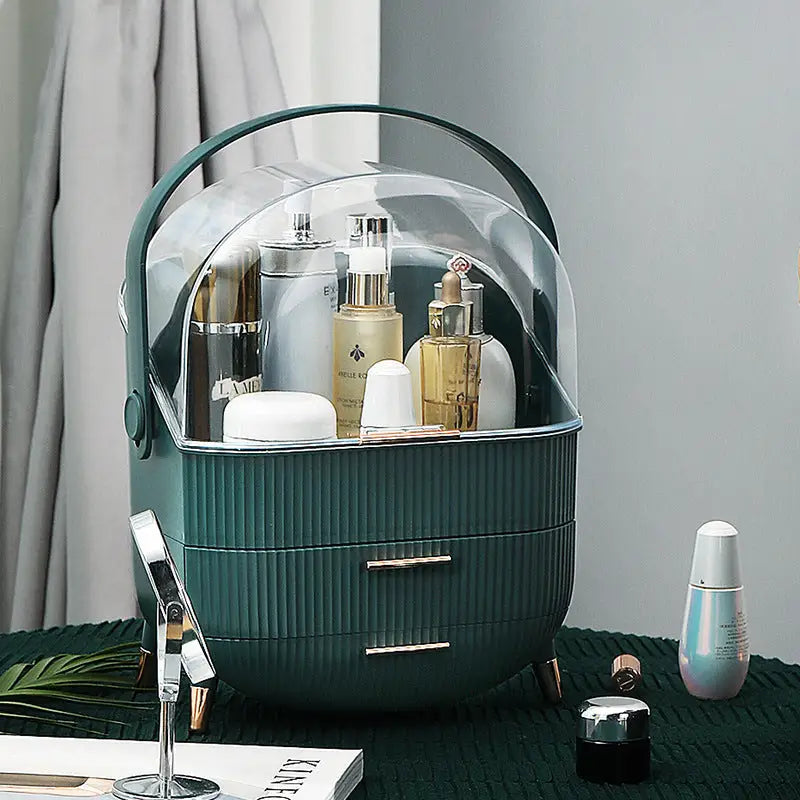 Dark Green Multifunctional Makeup Organizer with Large Capacity and Transparent Design(makeup is a Prop for Shooting