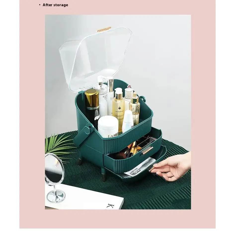 Dark Green Multifunctional Makeup Organizer with Large Capacity and Transparent Design(makeup is a Prop for Shooting